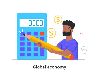 Accountant with calculator concept. Man analyzes expenses and income of company or family. Stable financial situation in world or crisis. Cartoon flat vector illustration isolated on white background