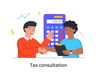 Tax consultation concept. Entrepreneur asks accountant for favorable tax conditions. Character counts amount of payments on calculator. Cartoon flat vector illustration isolated on white background