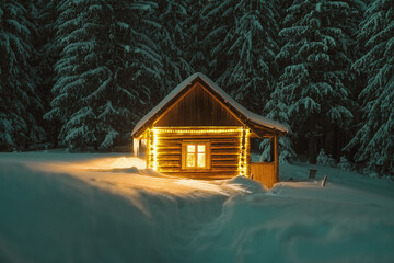 Fantastic winter landscape with glowing wooden cabin in snowy forest. Cozy house in Carpathian...