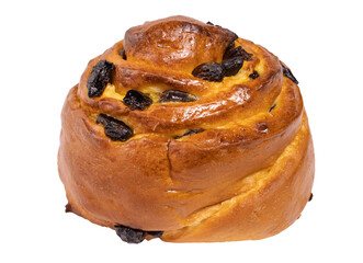 A roll-shaped bun with raisins. A bun with raisins, isolated on a white background. Fresh delicious sweet dessert.