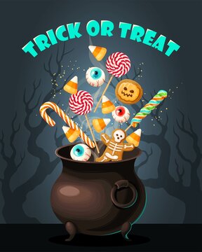 Vector Halloween card will cauldron full of sweets