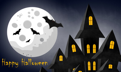 Happy Halloween, creepy castle on the background of the night sky and the glowing moon with bats, the background for your design in vector