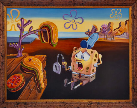 The persistence of memory parody wth SpongeBob cartoon. Imitation of Salvador Dali painting. 