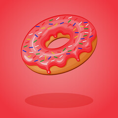 Donut with pink sugar icing and colored sprinkles on pink background