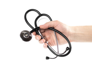 The hand holds a stethoscope. Close up. Isolated on a white background