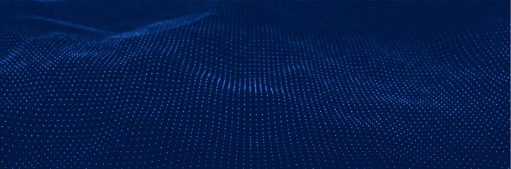 Dynamic blue particle wave. Abstract sound visualization. Flow digital structure. Mesh landscape or grid data technology.