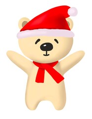 Teddy bear in a red cap of Santa Claus and a red scarf