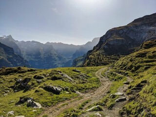 autumn hike in beautiful switzerland. outdoor activity climbing a high mountain. mountaineering silbern im cantin uri