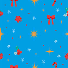 Christmas pattern with stars, snowflakes, Christmas, bows. Vector graphics