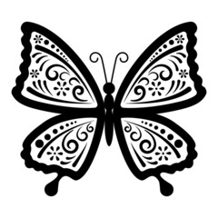 Vector illustration. Black and white silhouette of a decorative butterfly. The symbol of the insect. Stylized butterfly icon, icon, outline.