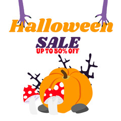 Halloween sale verticall banner in cartoon style. The illustration depicts a pumpkin and two purple scary stretching hands reach for the text. Funny and spirited design.