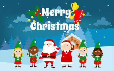 Santa Claus, Mrs. Santa, elves African and African American and European waving. Fairy-tale cartoon winter landscape and text Merry Christmas. 