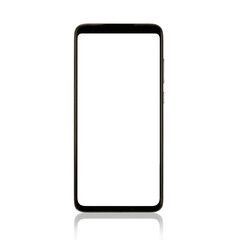 Smartphone isolated on white background. Mobile phone with blank white screen, mock up