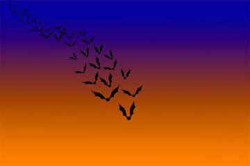 Vector background with bats in the sunset orange-purple sky. Illustration for halloween. Place for your text