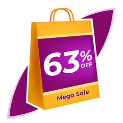 63 percent off. 3D Yellow shopping bag concept in white background.