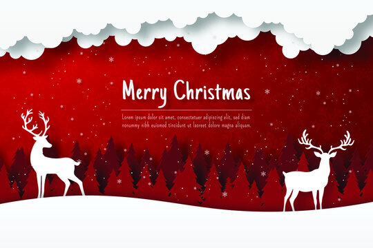 Christmas postcard of reinder in the forest, Paper cut illustration