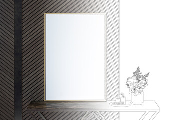 A sketch becomes a real dark interior of a room with candles, flowers in a vase, a blank vertical poster in a metal frame on a dark marble console near the wood panels. Close up. 3d render