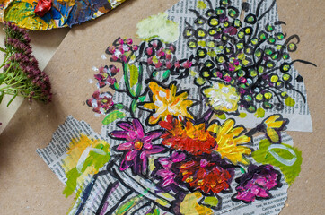 Fototapeta premium Collage on kraft card graphics drawing and chrysanthemums in a vase.