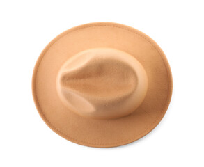 Stylish beige hat isolated on white, top view. Trendy headdress