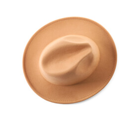 Stylish beige hat isolated on white, top view. Trendy headdress