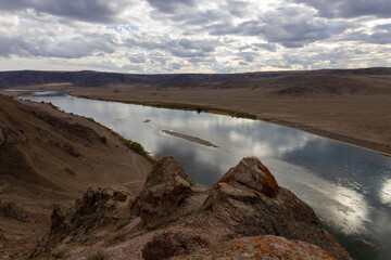 The part of the Ili River that situated in Southeastern Kazakhstan. Gorge Tamgaly, Almaty Region in Kazakhstan.
