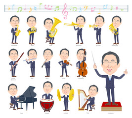 クラシック音楽演奏に関する眼鏡をかけた壮年男性のセット