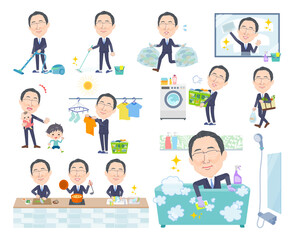 掃除や洗濯など家事に関する眼鏡をかけた壮年男性のセット