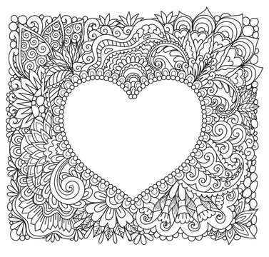 Heart frameMandala heart shape frame for printing, engraving or coloring book. Vector illustration