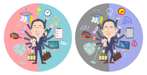 オフィスとプライベートでマルチタスクをこなす眼鏡をかけた壮年男性のセット