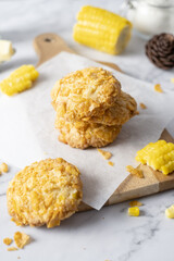Cornflake cereal cookies set on cafe table.