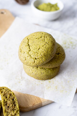 Matcha greentea cookies set on cafe table.