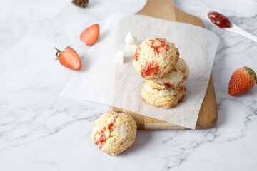 Strawberry cream cheese cookies. set on cafe table.