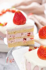 Strawberry chiffon cake with fresh cream. Cake for celebration.
