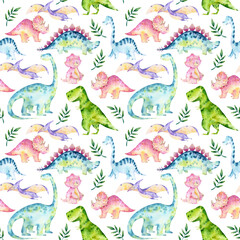 Obraz na płótnie Canvas Watercolor baby dinosaur seamless pattern. Dino baby shower background. Jungle hand-drawn T-rex, stegosaurus, brachiosaurus