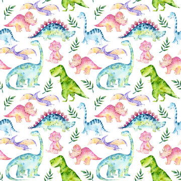 Watercolor baby dinosaur seamless pattern. Dino baby shower background.  Jungle hand-drawn T-rex,  stegosaurus, brachiosaurus