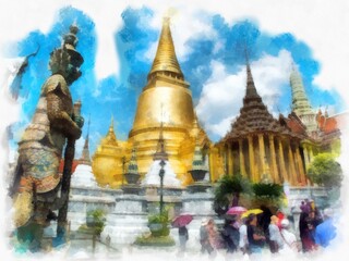 Fototapeta premium Bangkok Grand Palace watercolor style illustration impressionist painting.