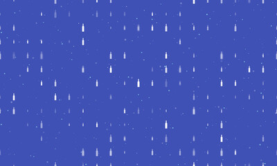 Seamless background pattern of evenly spaced white beer bottle symbols of different sizes and opacity. Vector illustration on indigo background with stars