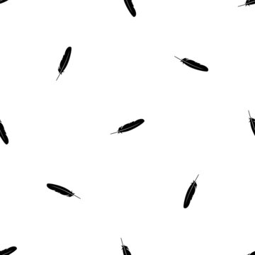 Seamless pattern of repeated black feather symbols. Elements are evenly spaced and some are rotated. Vector illustration on white background
