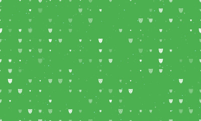 Seamless background pattern of evenly spaced white theatrical masks of different sizes and opacity. Vector illustration on green background with stars