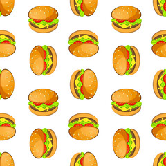Burger, hamburger, cheeseburger vector seamless pattern. Tasty big juicy burgers with tomato, salad and cheese on white background