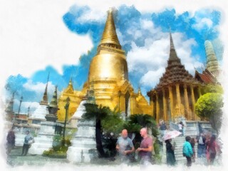 Fototapeta premium Bangkok Grand Palace watercolor style illustration impressionist painting.