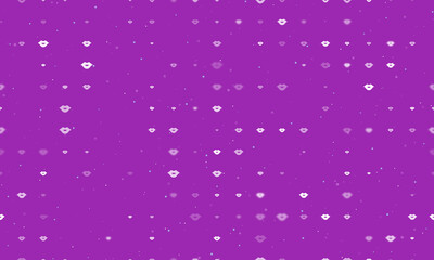 Seamless background pattern of evenly spaced white lips symbols of different sizes and opacity. Vector illustration on purple background with stars