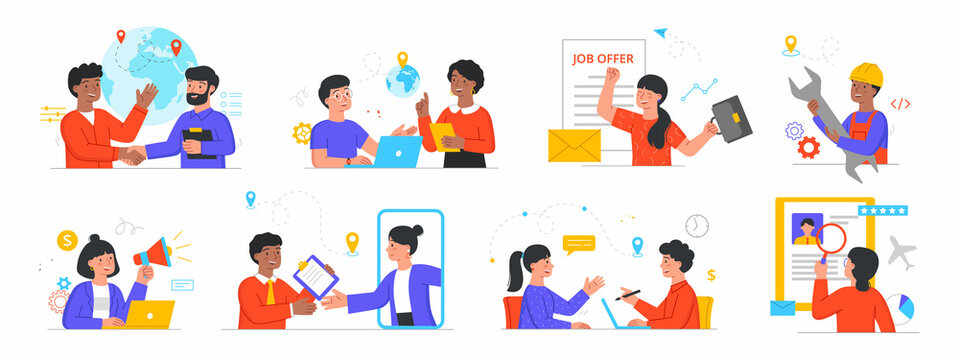 International employment concept. Company life, hiring international employees, closing deals. Worldwide shipping, delivery, business. Cartoon flat vector illustration isolated on white background