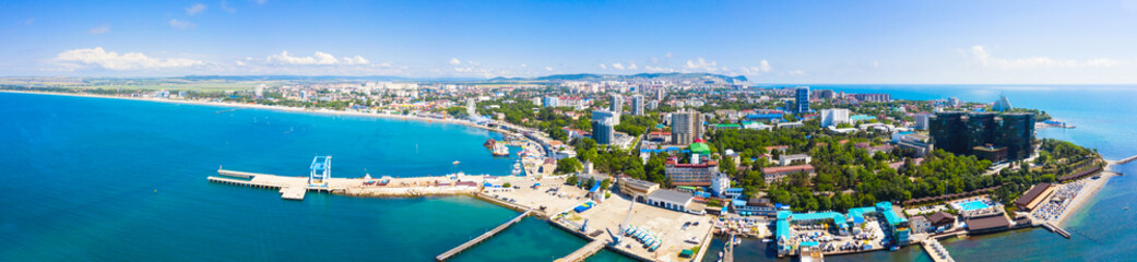 Fototapeta na wymiar Wonderful panorama of the city of the resort of Anapa and the beaches in the city limits, a view from a drone from the sea.