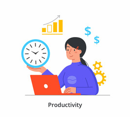 Girl holds watch in her hands. Employee works at laptop, time management. Executive worker concept. Planning tasks, analyzing steps towards goal. Flat vector illustration isolated on white background