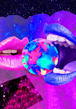 Contemporary minimal pop surrealism collage art. Sensual cosmic lips Abstraction space concept. Stylish wallpaper