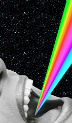 Contemporary minimal pop surrealism collage art. Face and rainbow  rays in space. LGBTQ Party...