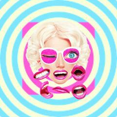 Contemporary minimal pop surrealism collage art. Retro Blond Lady and lips emotions. Psychology concept