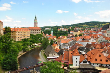 Naklejka na ściany i meble Aerial panorama view of Český Krumlov old town with the Cesky Krumlov castle and tower and river flowing around, Czech Republic
