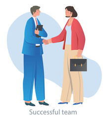 Negotiation between man and woman. Business meeting, businessmen, advantageous offer, successful deal. People shake hands, contact. Cartoon flat vector illustration isolated on white background